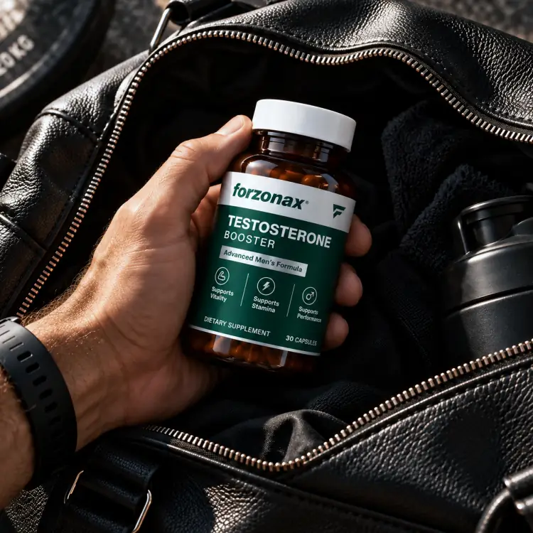 Hand hält eine Flasche Forzonax Testosteron-Booster über einer Sporttasche