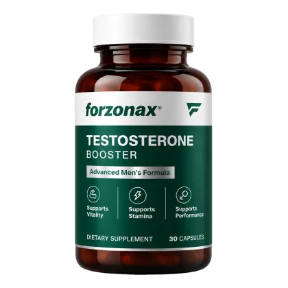 Forzonax Testosteron-Booster, grüne Flasche mit 30 Kapseln, Aufschrift Advanced Men's Formula